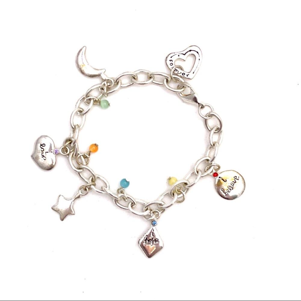 Silver color charm bracelet with words and beads